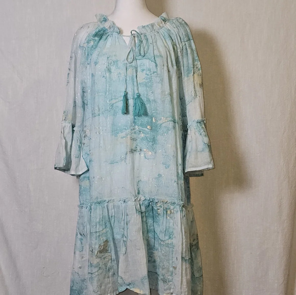 Debbie Katz Nalai Tunic Aqua Metallic Block Print Midi Dress Sz M Cottagecore - Picture 4 of 16